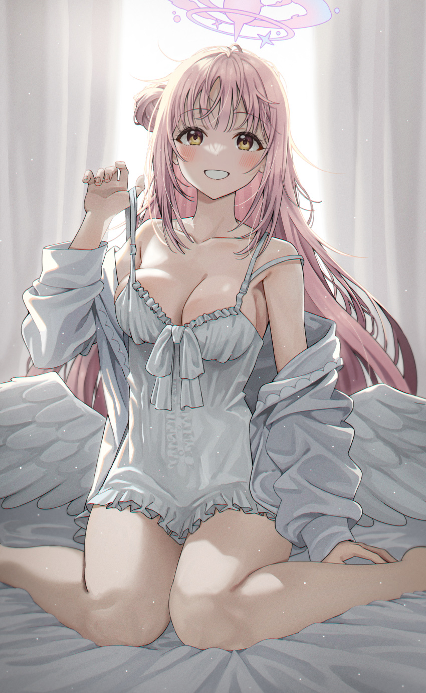 1girl absurdres angel_wings barefoot blue_archive blush breasts camisole cleavage collarbone feathered_wings fingernails grin hair_bun halo highres large_breasts long_hair long_sleeves low_wings mika_(blue_archive) ojyomu pink_hair pink_halo single_side_bun sitting smile solo white_camisole white_wings wings yellow_eyes