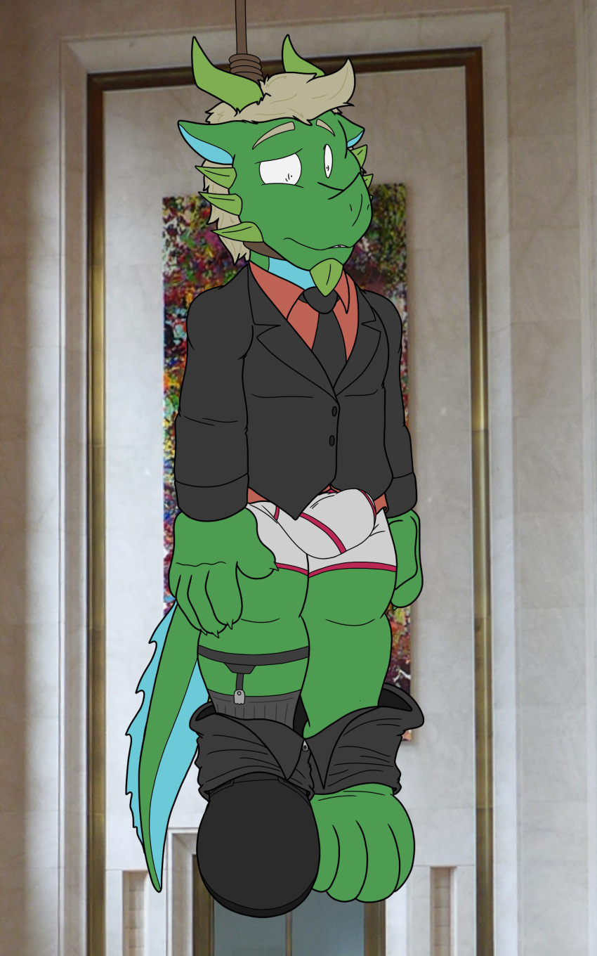 absurd_res asphyxiation bottomwear bottomwear_down bulge celadon_vian clothed clothing death degradation detailed_bulge dragon execution garter_socks gore hi_res humiliation noose one_shoe_on pants pants_down partially_clothed pulled_pants reptile scalie snuff suit underwear why-isnt-he-moving
