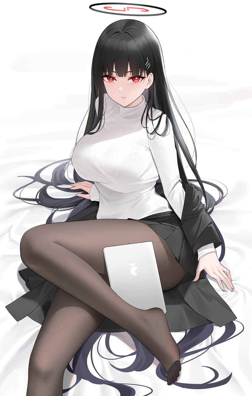 1girl black_hair black_pantyhose black_skirt blue_archive breasts hair_ornament hairpin halo highres large_breasts long_hair long_sleeves looking_at_viewer pantyhose parted_lips pleated_skirt qing_wu red_eyes rio_(blue_archive) sitting skirt solo tablet_pc