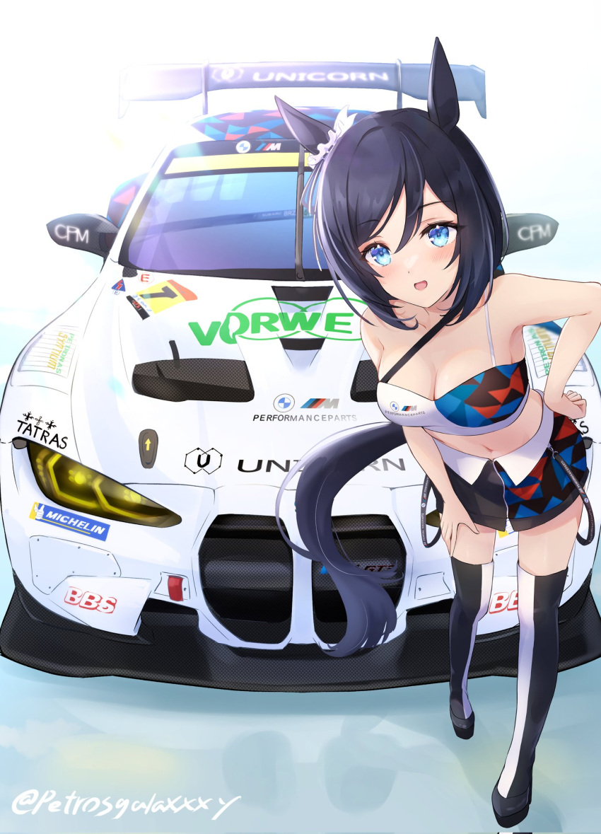 1girl alternate_costume animal_ears bare_shoulders black_hair bmw breasts car eishin_flash_(umamusume) highres horse_ears horse_girl horse_tail looking_at_viewer motor_vehicle open_mouth peteron race_queen race_vehicle racecar short_hair skirt smile solo spoiler_(automobile) tail umamusume