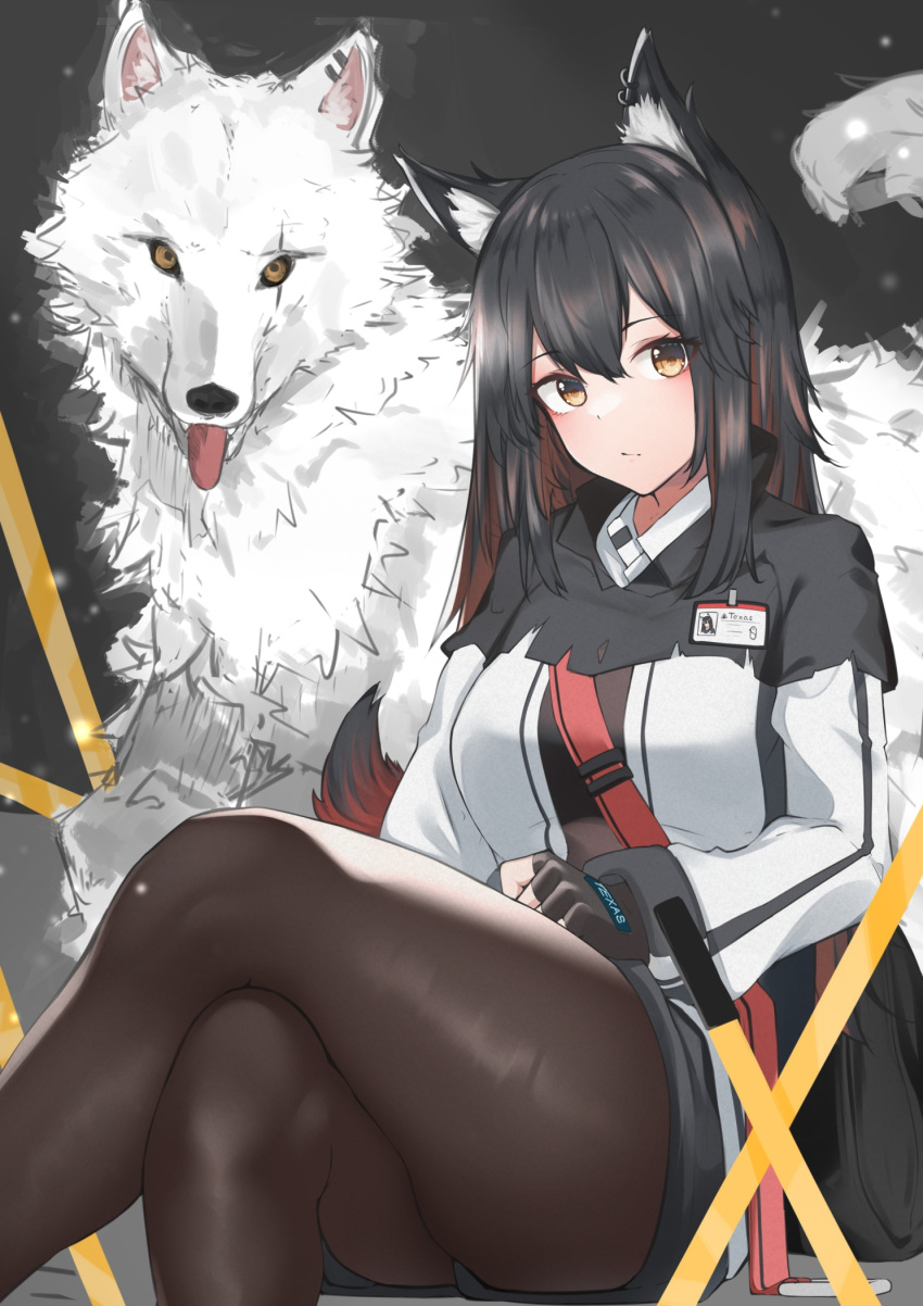 1girl animal animal_ear_fluff animal_ears arknights black_eyeliner black_gloves black_hair black_pantyhose breasts cross_scar ear_ornament earrings eyelashes eyeliner fangs fingerless_gloves gloves hair_between_eyes highres jacket jewelry large_breasts light_smile long_hair long_sleeves looking_at_viewer makeup medium_hair pantyhose pantyhose_under_shorts scar scar_across_eye shirt short_shorts shorts shoulder_strap sidelocks solo tail texas_(arknights) thick_thighs thighs white_jacket wolf_ears wolf_girl wolf_tail yellow_eyes z_(knkr1025)