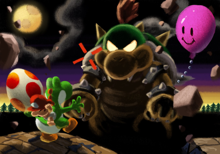 3boys aiming armlet baby baby_bowser baby_mario balloon blank_eyes bracelet brown_hair cabbie_hat cloud colored_sclera colored_skin covering_head dusk egg faux_traditional_media floating_rock gameplay_mechanics giant giant_monster glowing glowing_eyes green_skin hat highres holding holding_egg jewelry mario_(series) moon multiple_boys no_pupils orange_headwear pine_tree red_headwear riding rubble spiked_armlet spiked_bracelet spiked_shell spikes standing standing_on_one_leg super_mario_world_2:_yoshi's_island tree ya_mari_6363 yellow_sclera yoshi