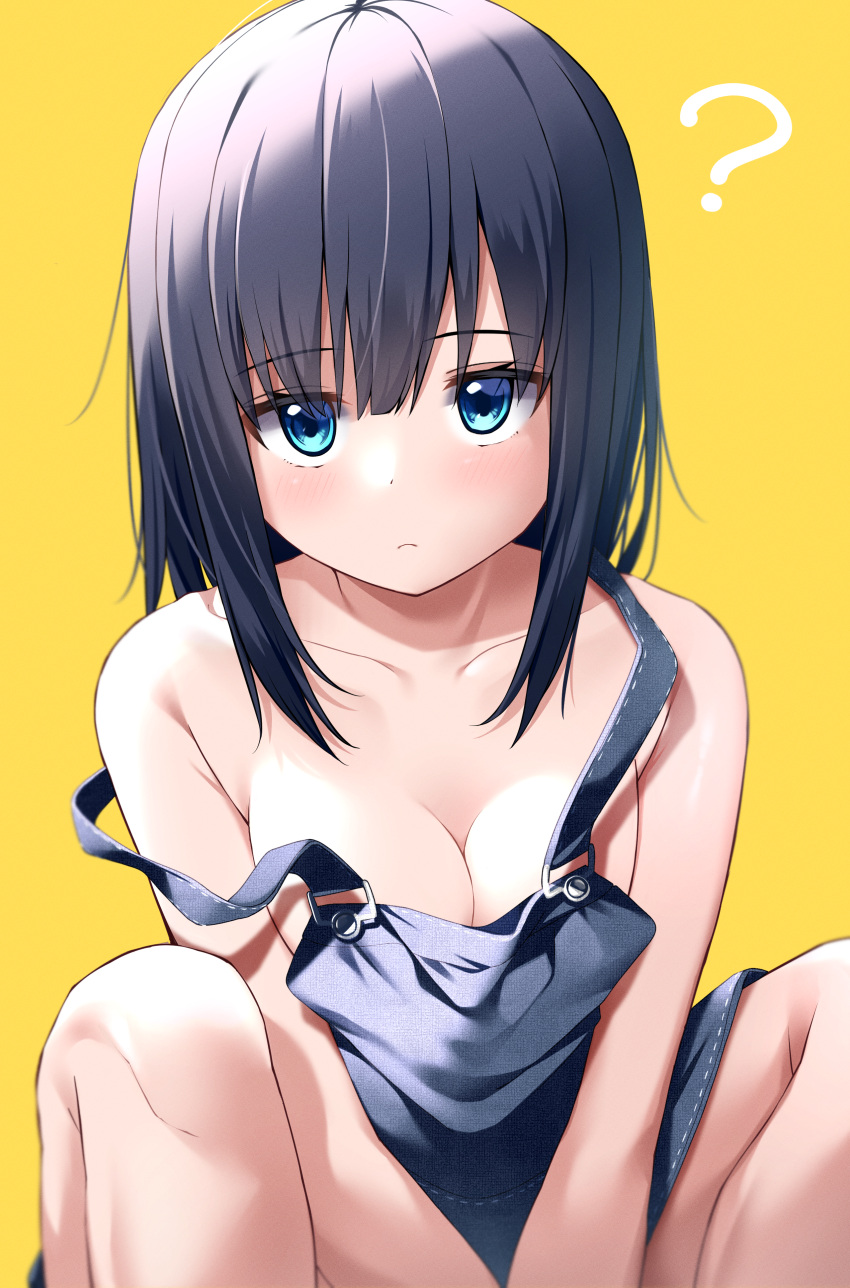 1girl ? absurdres black_hair black_overalls blue_eyes blush breasts cleavage closed_mouth collarbone commentary_request hair_between_eyes highres kiona_(giraffe_kiona) long_hair looking_at_viewer medium_breasts naked_overalls original overalls simple_background sitting solo yellow_background