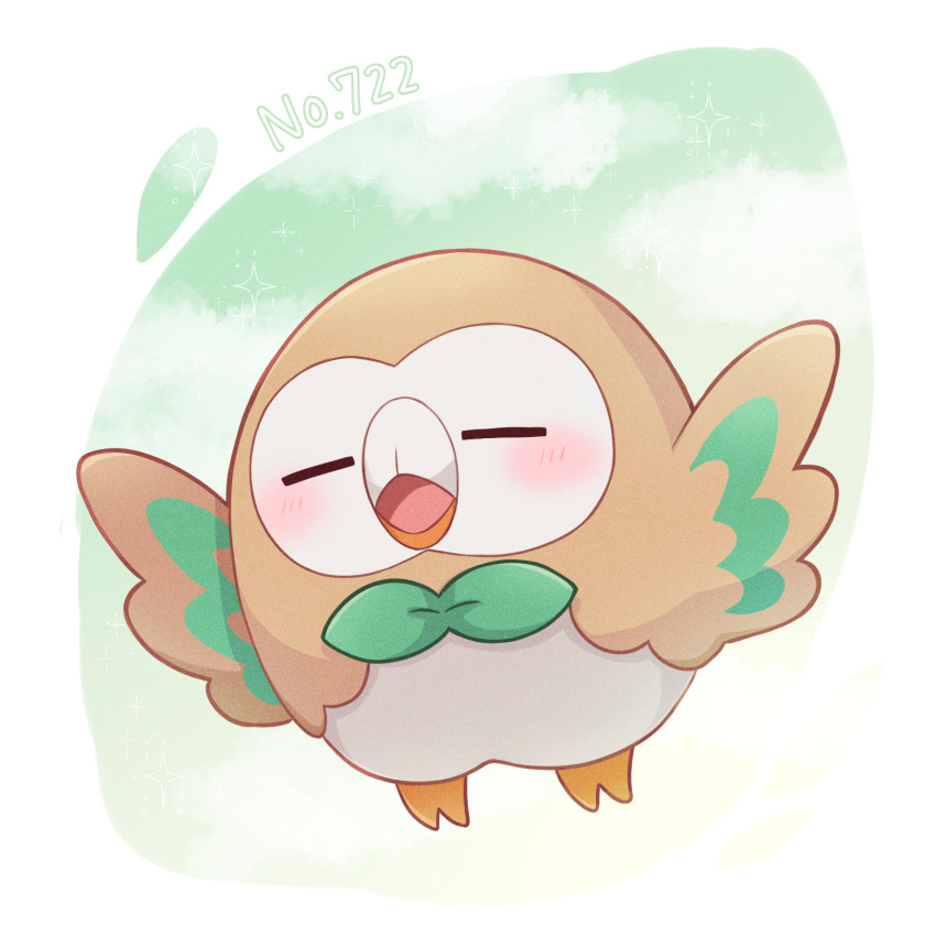 025sakura393 bird blush closed_eyes commentary_request full_body highres no_humans open_mouth owl pokedex_number pokemon pokemon_(creature) rowlet solo sparkle