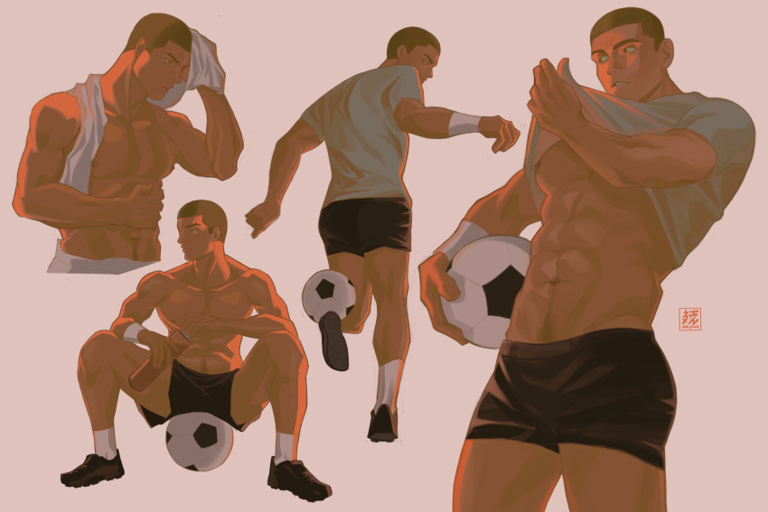 1boy abs ball bara black_shorts buzz_cut full_body highres kailstre_(skylb6art) large_pectorals male_focus muscular muscular_male navel navel_hair nipples original pectorals short_hair shorts sideburns sitting_on_ball soccer soccer_ball soccer_uniform sportswear spread_legs stomach thick_eyebrows thighs toned toned_male topless_male underpec very_short_hair wiping_sweat