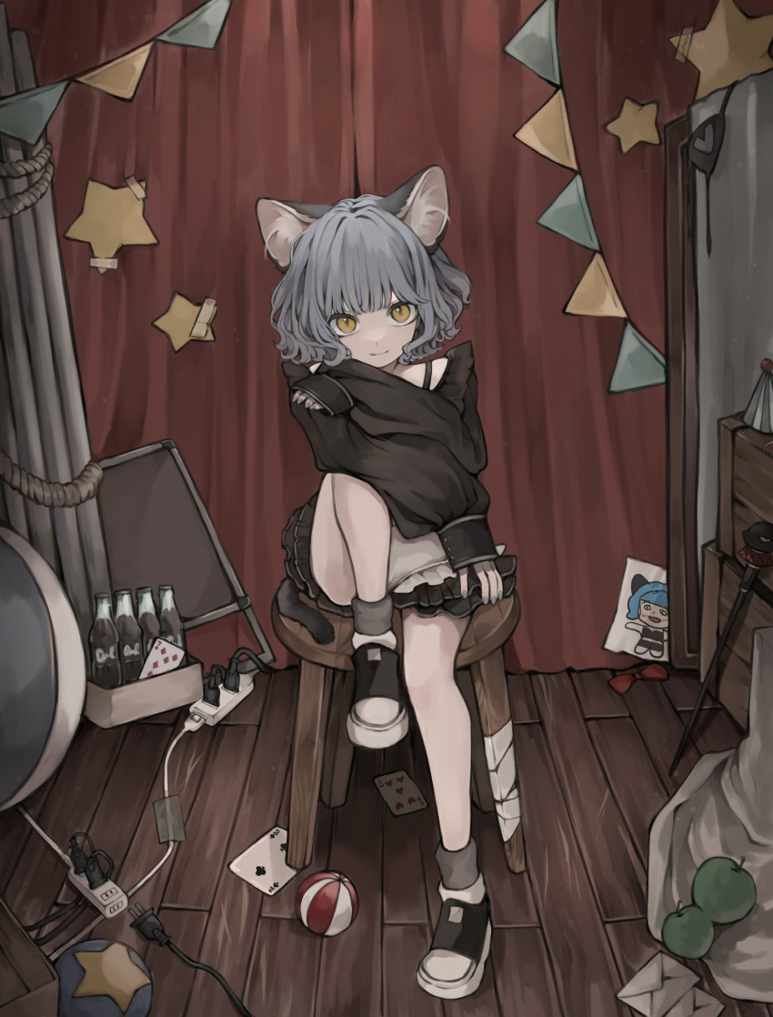 1girl animal_ears apple arm_on_knee ball bare_legs black_shirt black_skirt card cat_ears cat_girl cat_tail child's_drawing closed_mouth commentary_request envelope extension_cord food frilled_skirt frills fruit full_body glass_bottle green_apple grey_hair grey_nails highres indoors knee_up long_sleeves looking_at_viewer manuka_x_x miniskirt nina_(valis) pennant playing_card power_strip puffy_long_sleeves puffy_sleeves scepter shirt shoes short_hair sinsekai_studio sitting skirt sleeves_past_wrists smile sneakers soda_bottle solo stage_curtains string_of_flags tail tape valis_(sinsekai) wavy_hair wooden_floor yellow_eyes