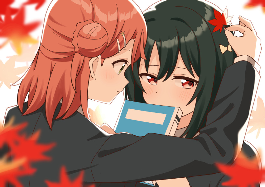 2girls absurdres black_hair black_jacket blurry blurry_foreground blush book closed_mouth covering_own_mouth furrowed_brow hair_between_eyes hair_bun hair_ornament hair_ribbon hairclip highres holding holding_book jacket leaf long_sleeves looking_at_another looking_to_the_side love_live! love_live!_nijigasaki_high_school_idol_club maple_leaf medium_hair mifune_shioriko multiple_girls pink_hair red_eyes ribbon sidelocks single_side_bun uehara_ayumu upper_body yatogame765 yellow_eyes yellow_ribbon yuri