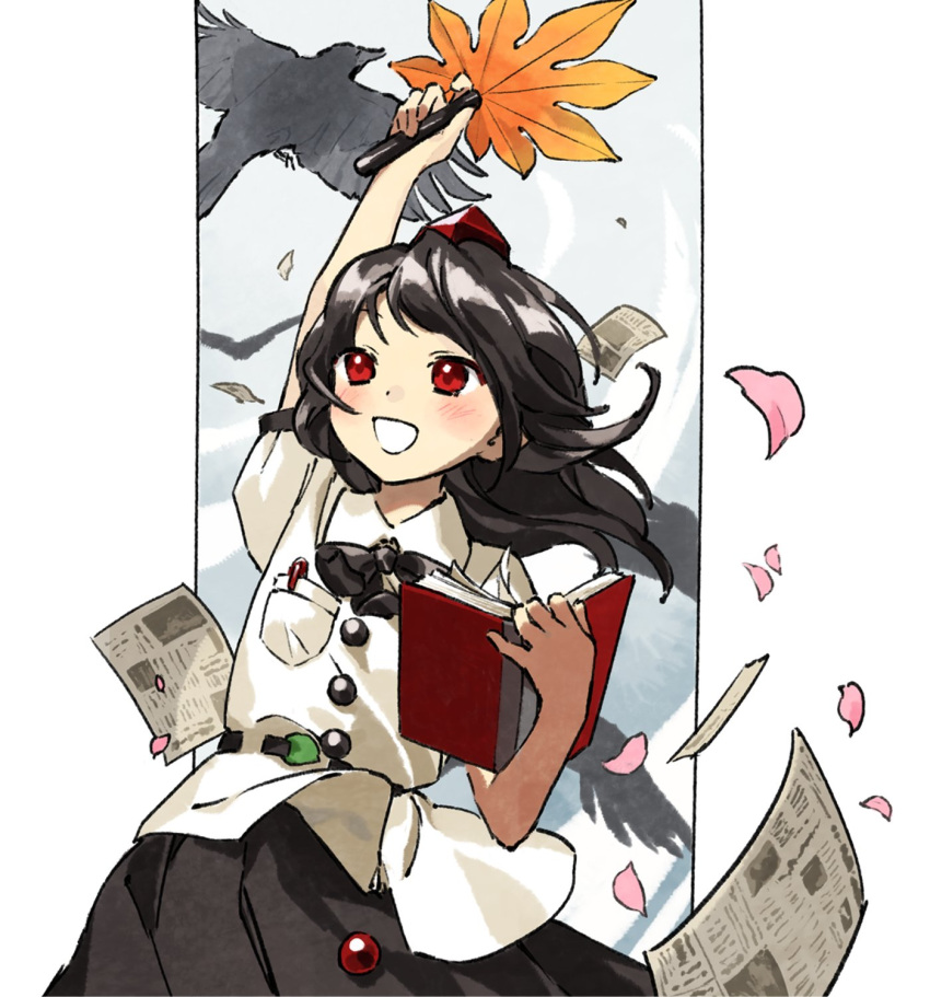 1girl :d belt bird black_belt black_skirt buttons collared_shirt commentary crow floating_hair happy hat hauchiwa highres holding holding_notebook kaigen_1025 medium_hair newspaper notebook pen pocket puffy_short_sleeves puffy_sleeves red_eyes red_headwear shameimaru_aya shirt short_sleeves skirt smile solo tokin_hat touhou upper_body white_shirt