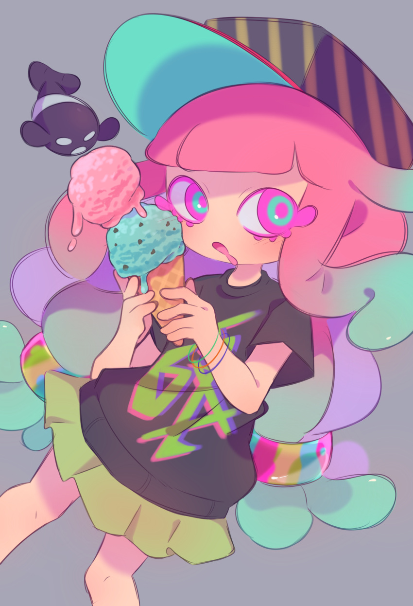 1girl :o absurdres aqua_eyes aqua_hair baseball_cap black_headwear black_shirt blunt_bangs blush bracelet colored_eyelashes commentary drooling english_commentary eyelashes fafameow fish food gradient_hair green_skirt grey_background hands_up harmony's_clownfish_(splatoon) harmony_(splatoon) hat highres holding holding_food holding_ice_cream ice_cream ice_cream_cone jewelry long_hair looking_at_viewer low-tied_long_hair low_twintails multicolored_hair open_mouth pink_eyes pink_hair pleated_skirt print_shirt shirt short_sleeves sidelocks simple_background skirt solo splatoon_(series) splatoon_3 striped_clothes striped_headwear t-shirt tentacle_hair twintails yellow_headwear