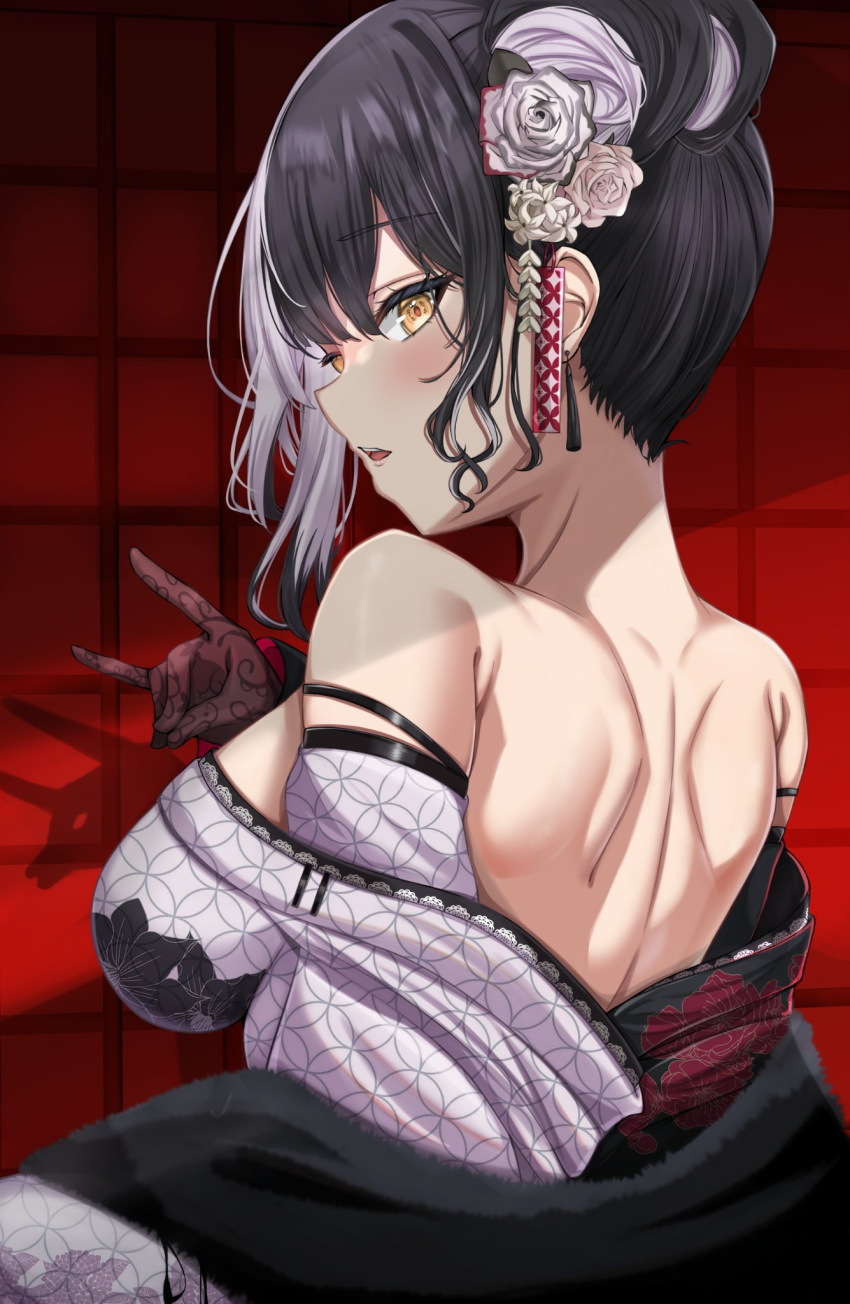 1girl aquina_art back bare_shoulders black_gloves black_hair black_kimono breasts commentary english_commentary floral_print_kimono flower fox_shadow_puppet from_behind gloves hair_flower hair_ornament highres hololive hololive_english japanese_clothes kimono lace-trimmed_gloves lace_trim large_breasts looking_at_viewer looking_back multicolored_hair nape off_shoulder official_alternate_costume official_alternate_hairstyle shiori_novella shiori_novella_(new_year) solo split-color_hair streaked_hair upper_body virtual_youtuber white_hair white_kimono yellow_eyes
