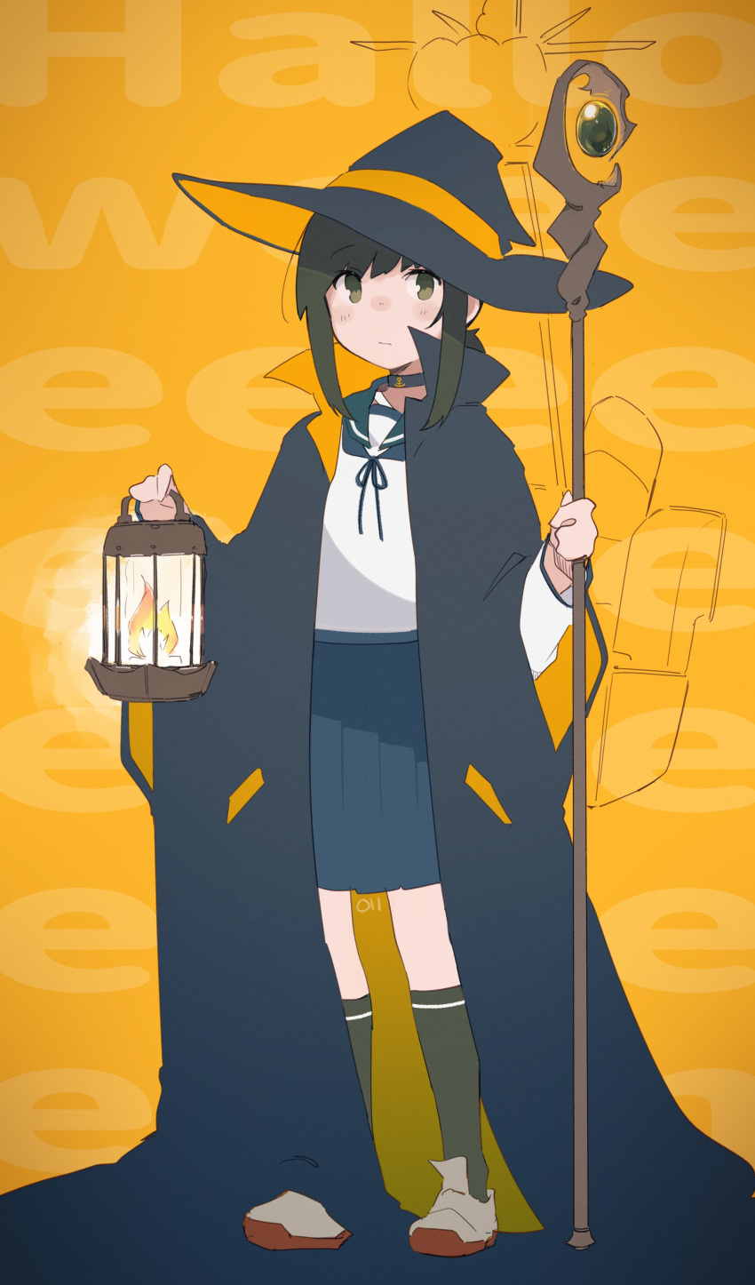 1girl absurdres black_cape black_hair black_headwear black_soccer_ball blue_skirt cape choker fubuki_(kancolle) full_body halloween halloween_costume hat highres holding holding_lantern holding_staff kantai_collection lantern long_sleeves looking_at_viewer ma_rukan orange_background ponytail school_uniform serafuku shoes sidelocks signature skirt socks solo staff standing witch_hat