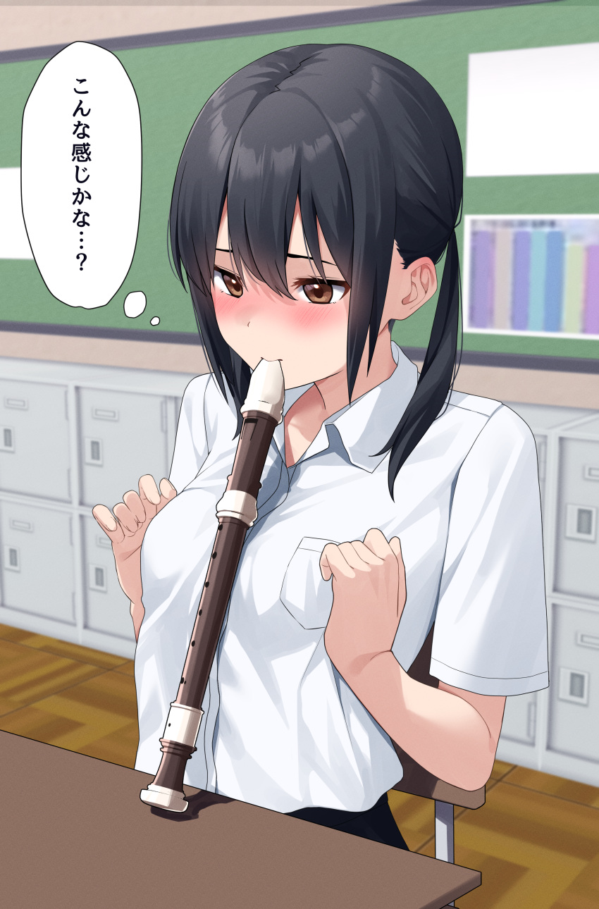 1girl absurdres black_hair blush breast_pocket breast_press breasts brown_eyes chair classroom collared_shirt commentary_request desk flute highres indoors instrument kiona_(giraffe_kiona) medium_hair original pocket recorder school_desk shirt sitting skirt solo thought_bubble translated twintails white_shirt
