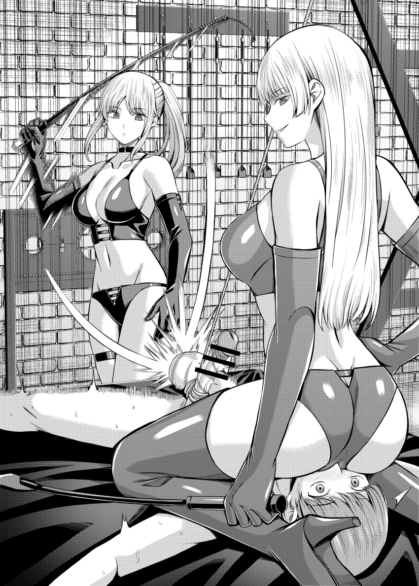 1boy 2girls absurdres bdsm bikini black_gloves bondage bondage_outfit bound commission elbow_gloves gloves greyscale high_heels highres holding holding_whip indoors long_hair lying monochrome multiple_girls original pixiv_commission ponytail sitting_on_face smile swimsuit whip whipping yamakeitokokoro