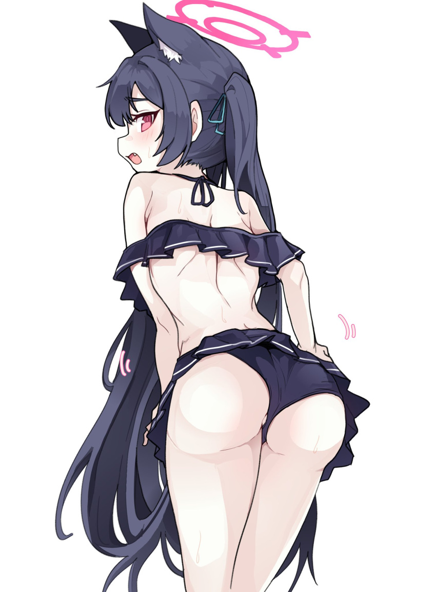 1girl animal_ear_fluff animal_ears ass bare_legs bikini black_bikini black_hair blue_archive blush cat_ears extra_ears fang feet_out_of_frame from_behind halo highres long_hair official_alternate_costume open_mouth pearlgang_e pink_halo red_eyes serika_(blue_archive) serika_(swimsuit)_(blue_archive) simple_background solo swimsuit twintails white_background