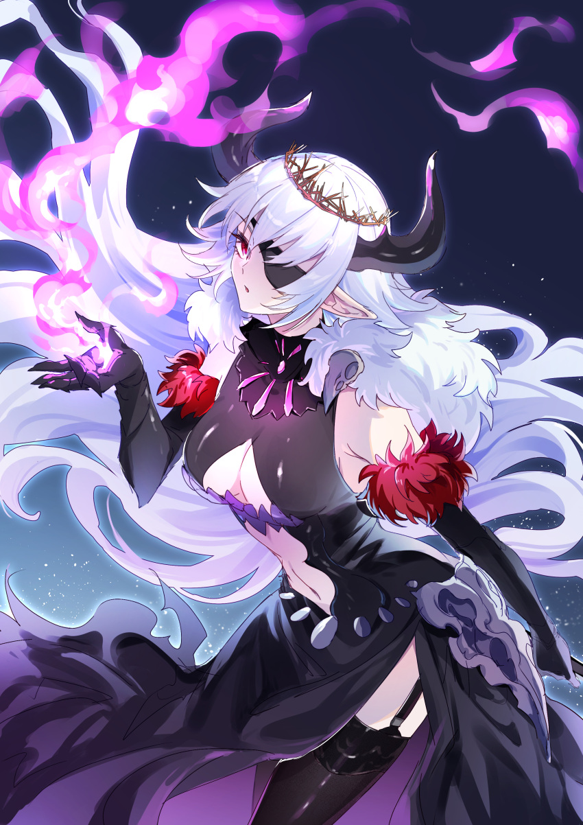 1girl absurdres animal_skull black_dress black_ribbon black_thighhighs cheeselate clothing_cutout crown departed_soultaker_(shadowverse) dress elbow_gloves eyepatch fur_trim gloves head_tilt highres holding holding_polearm holding_weapon horns long_hair looking_at_viewer magic navel_cutout one_eye_covered open_mouth pointy_ears polearm red_eyes red_fur ribbon shadowverse sleeveless solo standing thigh_strap thighhighs very_long_hair weapon white_hair