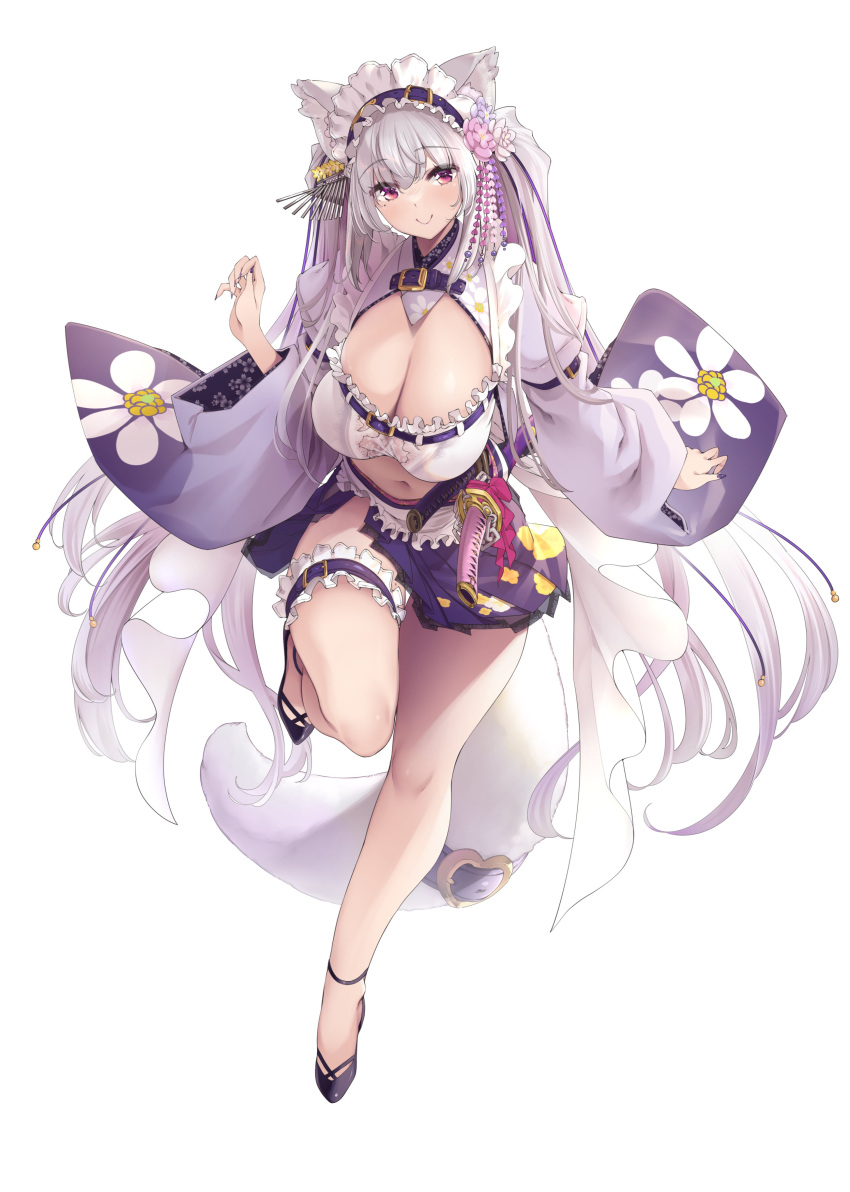 1girl :&gt; absurdres animal_ear_fluff animal_ears belt breasts chest_belt cleavage closed_mouth dog_girl floral_print flower frills full_body grey_hair hair_flower hair_ornament hairband headdress highres indie_virtual_youtuber japanese_clothes katana kimono large_breasts long_hair long_sleeves looking_at_viewer maid maid_headdress miyako_miyuri mole mole_on_thigh mole_under_eye nail_polish navel purple_eyes purple_footwear purple_skirt sheath simple_background skirt smile solo standing standing_on_one_leg stomach sword tail tail_ornament thigh_strap thighs thomasz twintails very_long_hair virtual_youtuber weapon white_background wide_sleeves