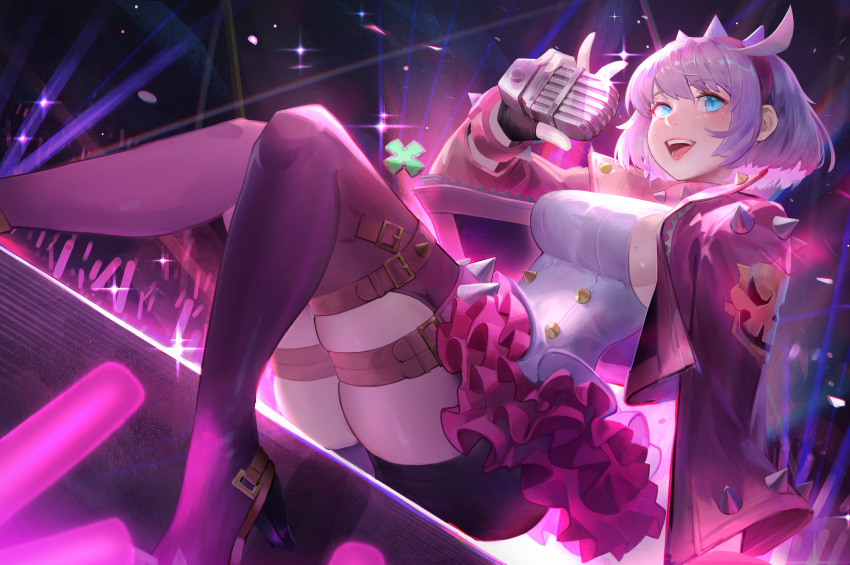 1girl absurdres ahoge belt black_gloves black_thighhighs blue_eyes breasts concert cropped_jacket dress elphelt_valentine fingerless_gloves gloves glowstick guilty_gear guilty_gear_strive hairband highres holding holding_microphone jacket large_breasts leg_belt microphone mrstomachache neon_lights open_clothes open_jacket open_mouth pink_jacket short_hair sideboob solo spiked_hairband spiked_jacket spikes thigh_belt thigh_strap thighhighs white_dress white_hair