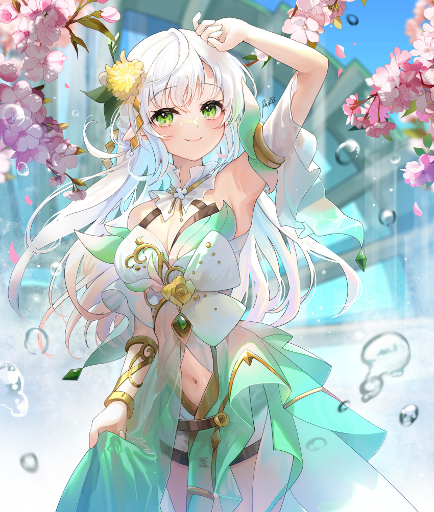 1girl arm_up armpits artist_name blush breasts cherry_blossoms cleavage clothing_cutout cowboy_shot day detached_sleeves dress flower green_dress green_eyes hair_flower hair_ornament highres large_breasts long_hair navel navel_cutout original pink_flower pistachiocream pointy_ears see-through see-through_dress short_sleeves sidelocks skirt_hold smile solo spring_(season) water_drop water_wheel yellow_flower