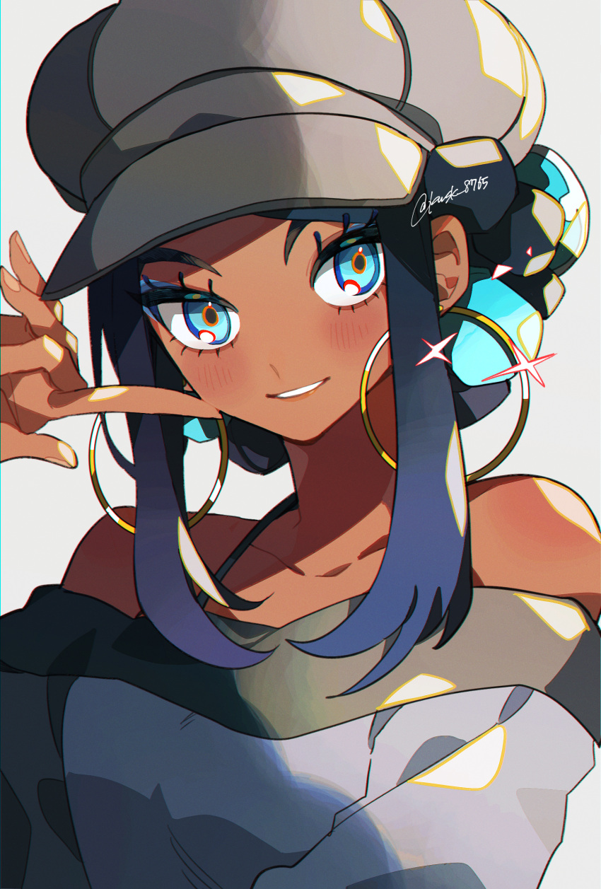 1girl absurdres artist_name bare_shoulders black_hair blue_eyes blue_eyeshadow blue_hair close-up dark-skinned_female dark_skin earrings eyeshadow finger_to_face grey_background grey_headwear grey_shirt hair_bun highres hoop_earrings jewelry kawasaki_(kwsk_8765) looking_at_viewer makeup multicolored_hair nessa_(pokemon) off-shoulder_shirt off_shoulder pokemon pokemon:_twilight_wings pokemon_swsh shirt sidelocks smile solo spaghetti_strap sparkle teeth two-tone_hair