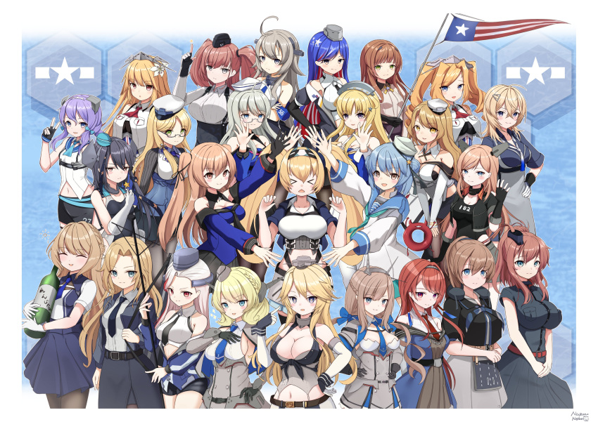 &gt;_&lt; 6+girls absurdres ahoge alcohol american_flag atlanta_(kancolle) black_gloves blonde_hair blue_hair bottle bow breast_press breasts brooklyn_(kancolle) brown_hair cleavage closed_eyes colorado_(kancolle) enemy_lifebuoy_(kancolle) everyone fingerless_gloves fletcher_(kancolle) flower gambier_bay_(kancolle) garrison_cap glasses gloves hair_between_eyes hair_bow hair_flower hair_ornament hairband hand_on_own_hip hands_on_own_hips hat headgear helena_(kancolle) heywood_l._edwards_(kancolle) highres holding holding_bottle honolulu_(kancolle) hornet_(kancolle) houston_(kancolle) index_finger_raised intrepid_(kancolle) iowa_(kancolle) jacket johnston_(kancolle) kantai_collection langley_(kancolle) large_breasts long_hair maryland_(kancolle) massachusetts_(kancolle) medium_breasts mini_hat multicolored_hair multiple_girls nazono_neko necktie nevada_(kancolle) northampton_(kancolle) open_mouth own_hands_together ponytail ranger_(kancolle) red_hair sailor_collar salmon_(kancolle) samuel_b._roberts_(kancolle) saratoga_(kancolle) scamp_(kancolle) school_uniform serafuku shirt skirt small_breasts south_dakota_(kancolle) star_(symbol) star_hair_ornament streaked_hair tuscaloosa_(kancolle) twintails v washington_(kancolle) white_flower