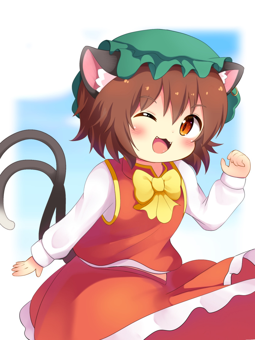 1girl ;3 ;d animal_ear_fluff animal_ears blue_background blurry blurry_background blush bow bowtie brown_eyes brown_hair cat_ears cat_tail chen commentary_request cowboy_shot fangs gold_trim green_headwear hair_between_eyes hand_up hat highres koruk700 looking_at_viewer mob_cap multiple_tails nekomata one_eye_closed open_mouth red_skirt red_vest short_hair simple_background skirt skirt_set slit_pupils smile solo tail touhou two_tails vest white_background yellow_bow yellow_bowtie