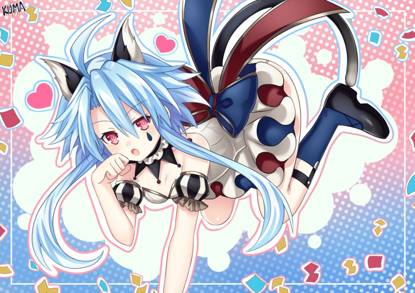 1girl ahoge alternate_costume animal_ears blue_hair blue_socks breasts cat_ears cat_tail cleavage hair_between_eyes lewdkuma looking_at_viewer neptune_(series) paw_pose power_symbol red_eyes short_hair_with_long_locks small_breasts socks solo symbol-shaped_pupils tail teardrop_facial_mark white_heart_(neptunia)