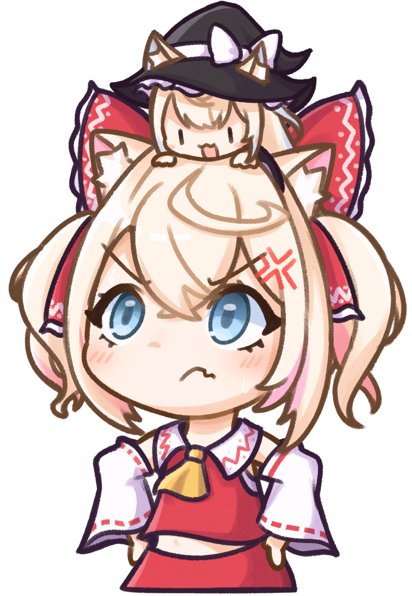 &gt;:( 2girls anger_vein animal_ears ascot blonde_hair blue_eyes bow chibi cosplay crossed_bangs detached_sleeves dog_ears double-parted_bangs fang frown fuwawa_abyssgard hair_between_eyes hair_bow hakurei_reimu hakurei_reimu_(cosplay) highres hololive hololive_english kirisame_marisa kirisame_marisa_(cosplay) mococo_abyssgard moon_ldl multicolored_hair multiple_girls nontraditional_miko official_alternate_hairstyle pink_hair red_bow red_shirt red_skirt shirt siblings skin_fang skirt streaked_hair sweatdrop touhou twins twintails upturned_eyes v-shaped_eyebrows virtual_youtuber yellow_ascot