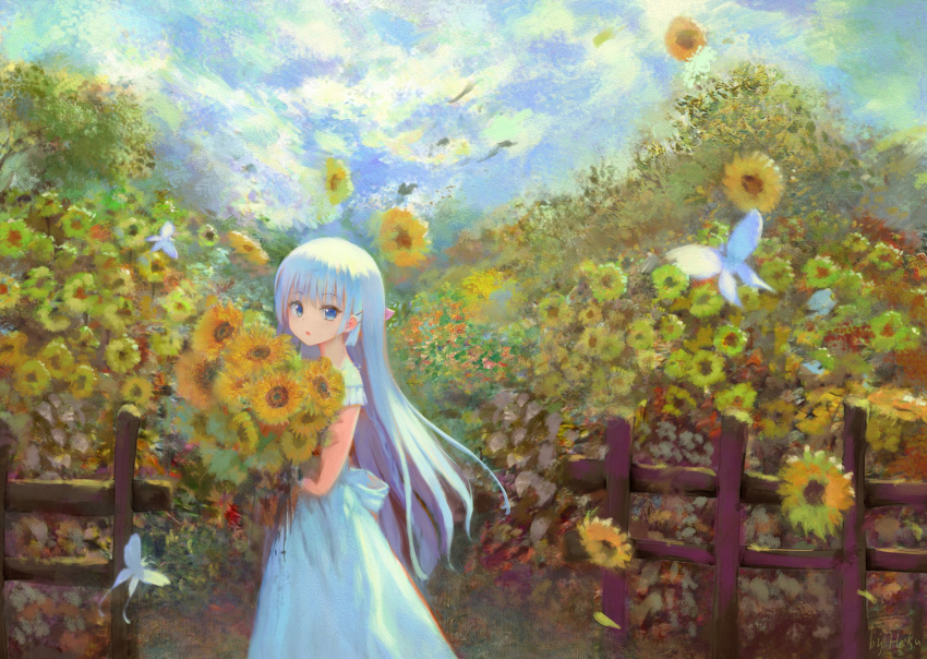 1girl :o absurdres blue_eyes blue_sky blunt_ends bouquet bug butterfly commentary_request cowboy_shot day dress fence field flower flower_field garden hair_between_eyes hair_ornament hairclip haku89 highres holding holding_bouquet long_hair looking_at_viewer naruse_shiroha nature open_mouth outdoors scenery short_sleeves signature sky solo straight_hair summer_pockets sunflower sunflower_field very_long_hair white_butterfly white_dress white_hair wide_shot yellow_flower