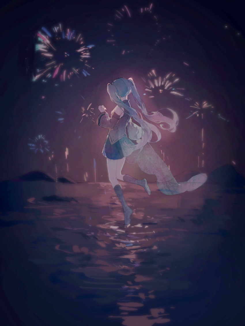 1girl bare_shoulders black_skirt blue_hair boots commentary_request detached_sleeves fireworks from_behind full_body grey_footwear grey_shirt grey_sleeves hatsune_miku highres holding_fireworks knee_boots lobelia_(saclia) long_hair long_sleeves miniskirt mountainous_horizon night night_sky ocean outdoors ripples shirt skirt sky sleeveless sleeveless_shirt solo sparkler standing standing_on_liquid twintails vocaloid