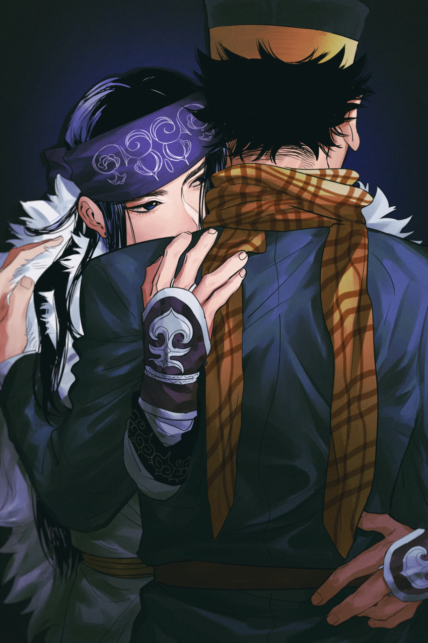 1boy 1girl absurdres aged_up ainu ainu_clothes asirpa black_background black_hair cloak covered_mouth facing_away fur_cloak golden_kamuy hand_on_another's_back hand_on_another's_shoulder hand_up hat headband highres hug long_hair long_sleeves looking_at_another plaid plaid_scarf scar scar_on_cheek scar_on_face scar_on_mouth scar_on_nose scarf short_hair sideways_glance songyeerhu sugimoto_saichi upper_body