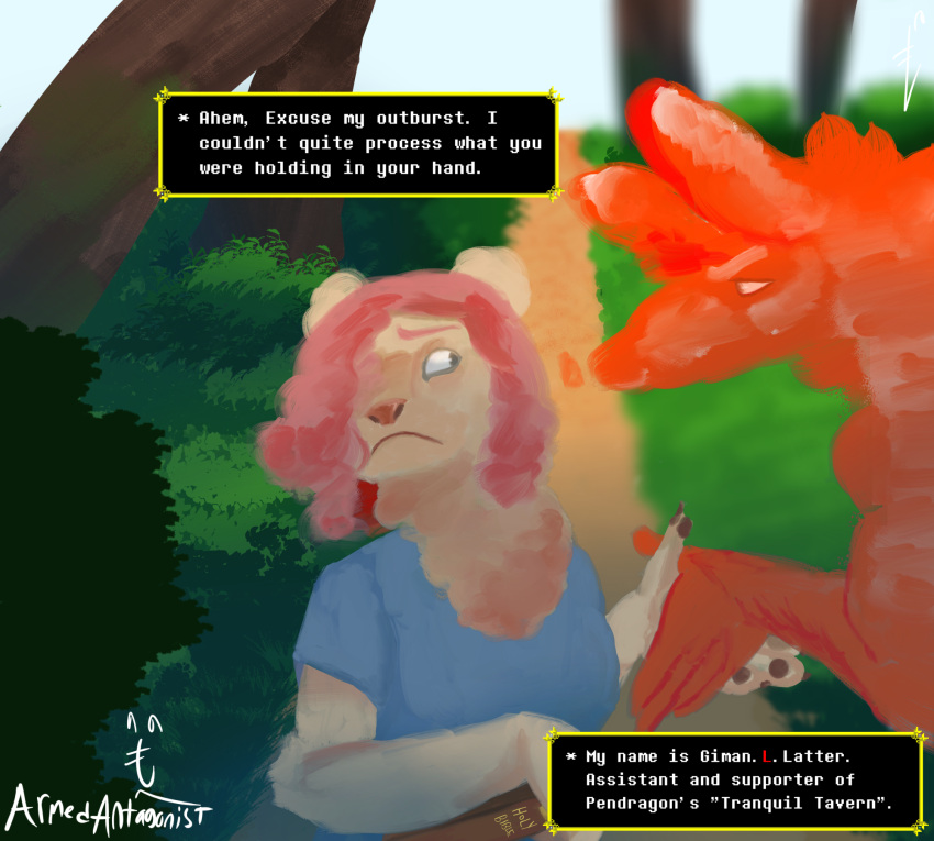anthro armedantagonist balloon_animal bear bible dialogue duo female forest forest_background gesture giman.l.latter_(armedantagonist) glistening hair handshake hi_res humanoid looking_at_another lore male mammal nature nature_background orange_body pink_hair plant stern_look tree tuft