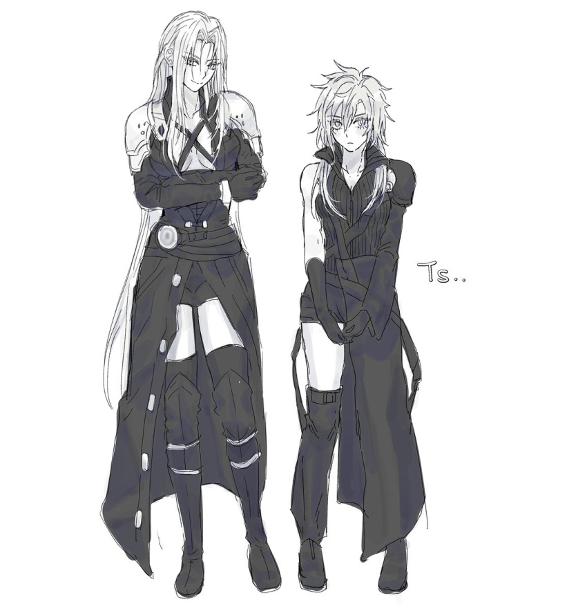 2girls armor belt boots breasts cleavage closed_mouth cloud_strife crossed_arms final_fantasy final_fantasy_vii final_fantasy_vii_advent_children final_fantasy_vii_remake genderswap genderswap_(mtf) haagi123 highres long_hair multiple_belts multiple_girls sephiroth shoulder_armor smile spiked_hair thighhighs turtleneck