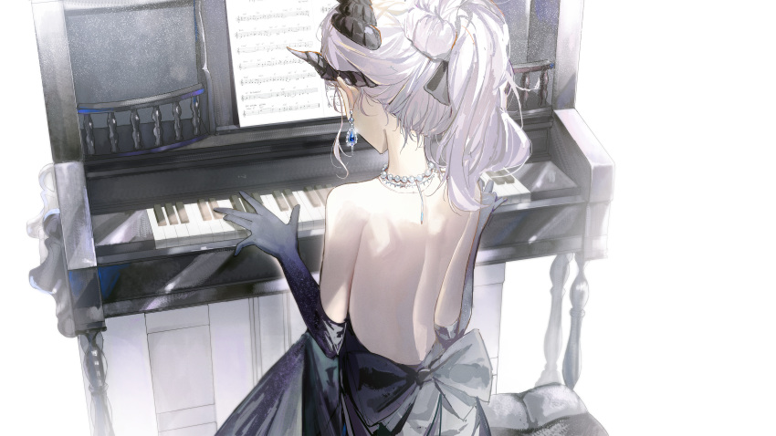 1girl absurdres back back_bow back_focus backless_dress backless_outfit bare_shoulders bead_necklace beads blue_archive bow commentary demon_girl demon_horns dress earrings elbow_gloves gloves highres hina_(blue_archive) hina_(dress)_(blue_archive) horns instrument jewelry kuren_kren music necklace official_alternate_costume piano playing_instrument purple_dress purple_gloves short_hair solo updo white_hair