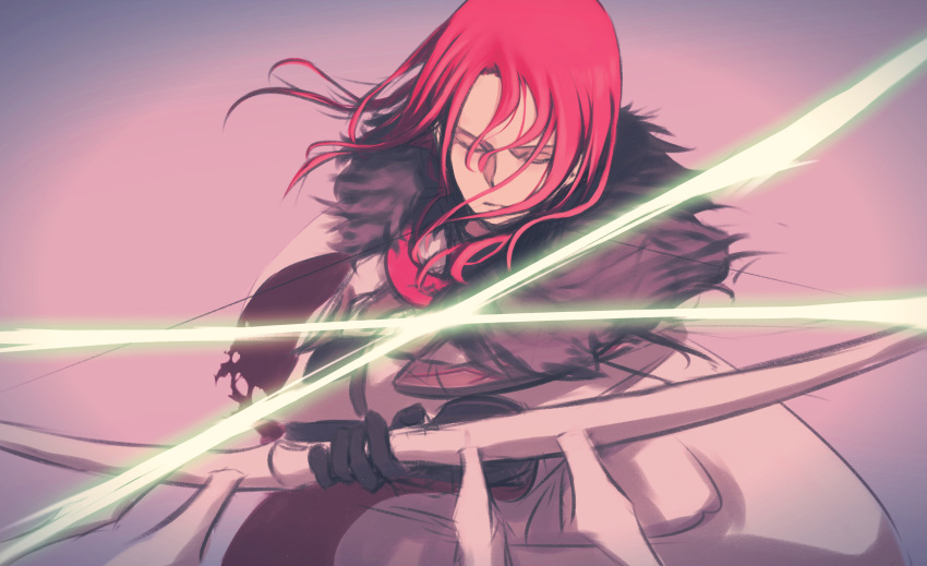 1boy absurdres armor black_gloves bow_(weapon) cloak closed_eyes commentary daisi_gi drawing_bow facing_viewer failnaught_(fate) fate/grand_order fate_(series) fur-trimmed_cloak fur_trim gloves highres holding holding_bow_(weapon) holding_weapon long_hair male_focus mouth_hold pink_background red_hair slashing solo symbol-only_commentary torn_cloak torn_clothes tristan_(fate) upper_body weapon white_cloak wispy_bangs