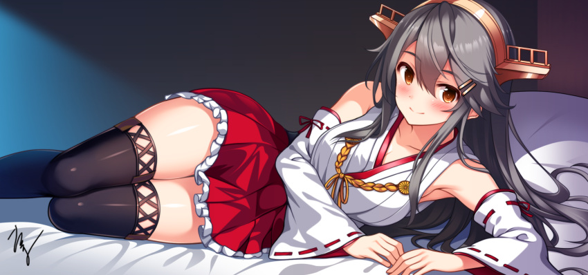 1girl armpits bare_shoulders black_hair black_thighhighs breasts brown_eyes detached_sleeves frilled_skirt frills hair_ornament hairband hairclip haruna_(kancolle) haruna_kai_ni_(kancolle) headgear highres japanese_clothes kantai_collection large_breasts long_hair looking_at_viewer lying nontraditional_miko on_bed on_side red_skirt ribbon-trimmed_sleeves ribbon_trim skirt smile solo takuma_(takumo7121) thighhighs