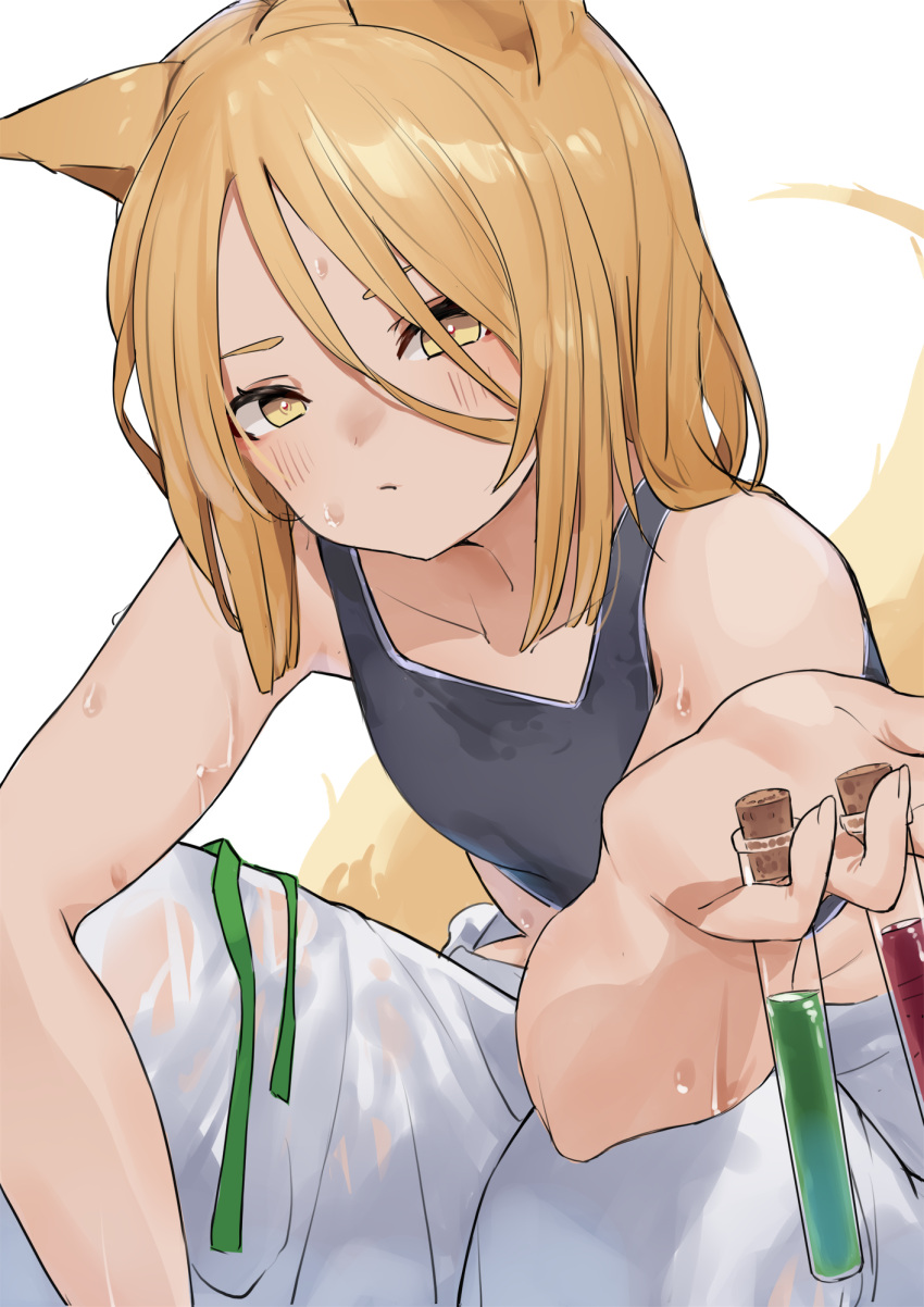 1girl animal_ears bare_shoulders black_tank_top blonde_hair breasts collarbone crop_top expressionless flask fox_ears fox_girl fox_tail hair_between_eyes hair_over_one_eye highres hot kudamaki_tsukasa looking_at_viewer medium_breasts neck_ribbon open_clothes pocche-ex ribbon see-through small_breasts solo squatting sweat tail tank_top touhou undone_neck_ribbon wet wet_clothes white_background white_romper yellow_eyes