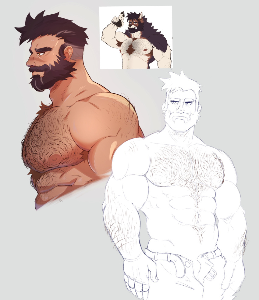 1boy abs absurdres arm_hair armpit_hair armpit_hair_peek bara beard body_fur chest_tuft connected_beard cropped_torso drawreshi facial_hair from_side full_beard hairy highres huge_eyebrows humanization large_pectorals male_focus mature_male multiple_views muscular muscular_male navel_hair nipples nude open_fly original partially_colored pectorals profile reference_inset resh_(drawreshi) short_hair stomach thick_beard thick_chest_hair thick_mustache