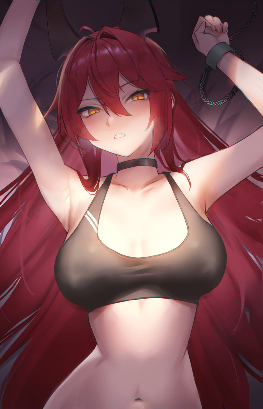 1girl absurdres ahoge armpits arms_up bare_shoulders black_choker black_sports_bra breasts choker cleavage collarbone commentary cuffed cuffs fake_horns goddess_of_victory:_nikke hair_between_eyes hair_intakes handcuffs highres horns large_breasts long_hair looking_at_viewer lying maviss_03 mechanical_horns navel on_back parted_lips red_hair red_hood_(nikke) restrained sidelocks solo sports_bra stomach upper_body yellow_eyes