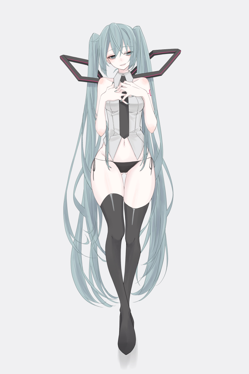 1girl absurdres arm_tattoo bare_arms bare_shoulders bikini bikini_bottom_only black_bikini_bottom black_footwear black_necktie black_thighhighs blue_eyes blue_hair breasts bright_pupils earrings full_body grey_background grey_shirt hands_on_own_chest hatsune_miku highres jewelry kazuna_(kazzzuna) long_hair looking_at_viewer medium_breasts midriff navel necktie parted_lips shirt simple_background single_earring sleeveless sleeveless_shirt solo standing stud_earrings swimsuit tattoo thighhighs thighs twintails very_long_hair vocaloid white_pupils