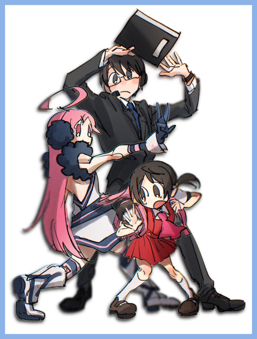 1boy 2girls ahoge arms_up backless_dress backless_outfit backpack bag black_eyes black_footwear black_gloves black_hair black_jacket black_pants black_suit blue_border blue_necktie book boots border brown_footwear closed_mouth commentary_request dress frown full_body glasses gloves headset heel_up highres hiyama_kiyoteru holding holding_book holding_strap huge_ahoge jacket kaai_yuki knee_boots kneehighs legs_apart long_hair long_sleeves looking_at_another looking_at_viewer looking_back looking_to_the_side multiple_girls nata_shelf necktie open_mouth outstretched_arm pants pigeon-toed pink_eyes pink_hair posing raised_eyebrows seams sf-a2_miki shoes short_dress short_hair simple_background sleeveless sleeveless_dress smile socks suit suit_jacket vocaloid w white_background white_dress white_footwear white_socks wrist_cuffs