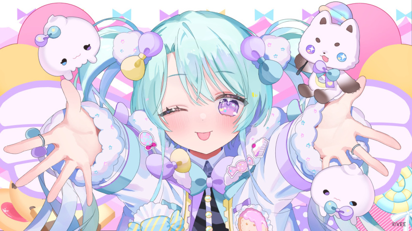 1girl ;p aqua_hair asa_going blush bow commentary_request hair_bobbles hair_bow hair_ornament highres jewelry long_hair long_sleeves looking_at_viewer luminous_sweet one_eye_closed purple_eyes reaching reaching_towards_viewer ring smile solo straight-on tongue tongue_out twintails upper_body vee_(vtuber) virtual_youtuber
