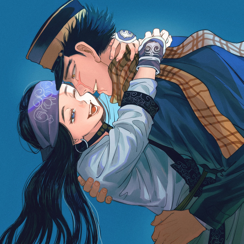 1boy 1girl ;d ainu ainu_clothes asirpa black_hair blue_background blue_eyes earrings face-to-face from_side golden_kamuy hand_on_another's_back hand_on_another's_neck happy hat headband highres hoop_earrings jewelry leaning_back leaning_forward leaning_on_person long_hair long_sleeves looking_at_another one_eye_closed peaked_cap plaid plaid_scarf profile sash scar scar_on_cheek scar_on_face scar_on_mouth scar_on_nose scarf short_hair simple_background smile songyeerhu sugimoto_saichi upper_body