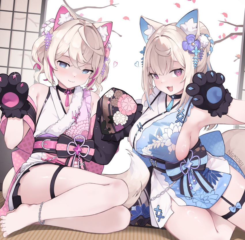 2girls :d animal_ear_fluff animal_ears animal_hands anklet architecture armpits artist_name back_bow bare_shoulders barefoot belt black_choker black_kimono blue_belt blue_eyes blue_kimono blue_sash blush bow breasts choker closed_mouth commentary crossed_bangs detached_sleeves dog_ears dog_girl double-parted_bangs east_asian_architecture english_commentary fang fang_out flat_chest floral_print floral_print_kimono flower frilled_kimono frills fur-trimmed_kimono fur_trim fuwawa_abyssgard fuwawa_abyssgard_(new_year) glint gloves hair_between_eyes hair_bow hair_flower hair_ornament hand_up highres hololive hololive_english indoors japanese_clothes jewelry kanzashi kimono kouhaku_nawa large_breasts light_brown_hair long_hair looking_at_viewer mococo_abyssgard mococo_abyssgard_(new_year) multicolored_clothes multicolored_hair multicolored_kimono multiple_girls namiorii neck_tassel obi official_alternate_costume official_alternate_hairstyle open_mouth paw_gloves paw_pose pink_eyes pink_hair pink_kimono pink_sash pink_shawl pom_pom_(clothes) pom_pom_hair_ornament ponytail print_kimono rope sash seductive_smile shawl shimenawa short_hair short_kimono shouji siblings sideboob sideless_kimono sidelocks sideways_glance signature single_detached_sleeve sisters sitting skin_fang sleeveless sleeveless_kimono sleeves_past_fingers sleeves_past_wrists sliding_doors smile streaked_hair tatami thigh_strap toenails twins twintails virtual_youtuber w_arms wavy_hair white_kimono yokozuwari