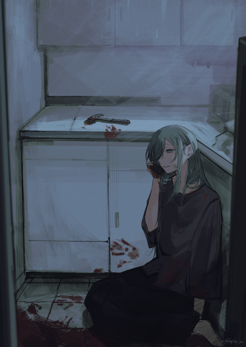 1girl absurdres barefoot blood blood_on_clothes blood_on_face blood_on_ground bloody_handprints borrowed_character commentary film_grain green_eyes green_hair grey_shirt hammer highres indoors kajiwara_3 kitchen long_hair original parted_lips shirt sidelocks sitting solo talking_on_phone wariza