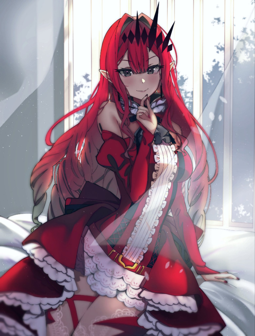 1girl baobhan_sith_(fate) baobhan_sith_(first_ascension)_(fate) bare_shoulders blush breasts closed_mouth day detached_collar detached_sleeves dress earrings fate/grand_order fate_(series) frilled_dress frills grey_eyes hair_ornament hand_on_own_chin highres indoors jewelry lace-trimmed_legwear lace_trim long_hair looking_at_viewer mikon_(nicknqme) on_bed pointy_ears red_dress red_hair red_nails sidelocks smile solo transparent_curtains window