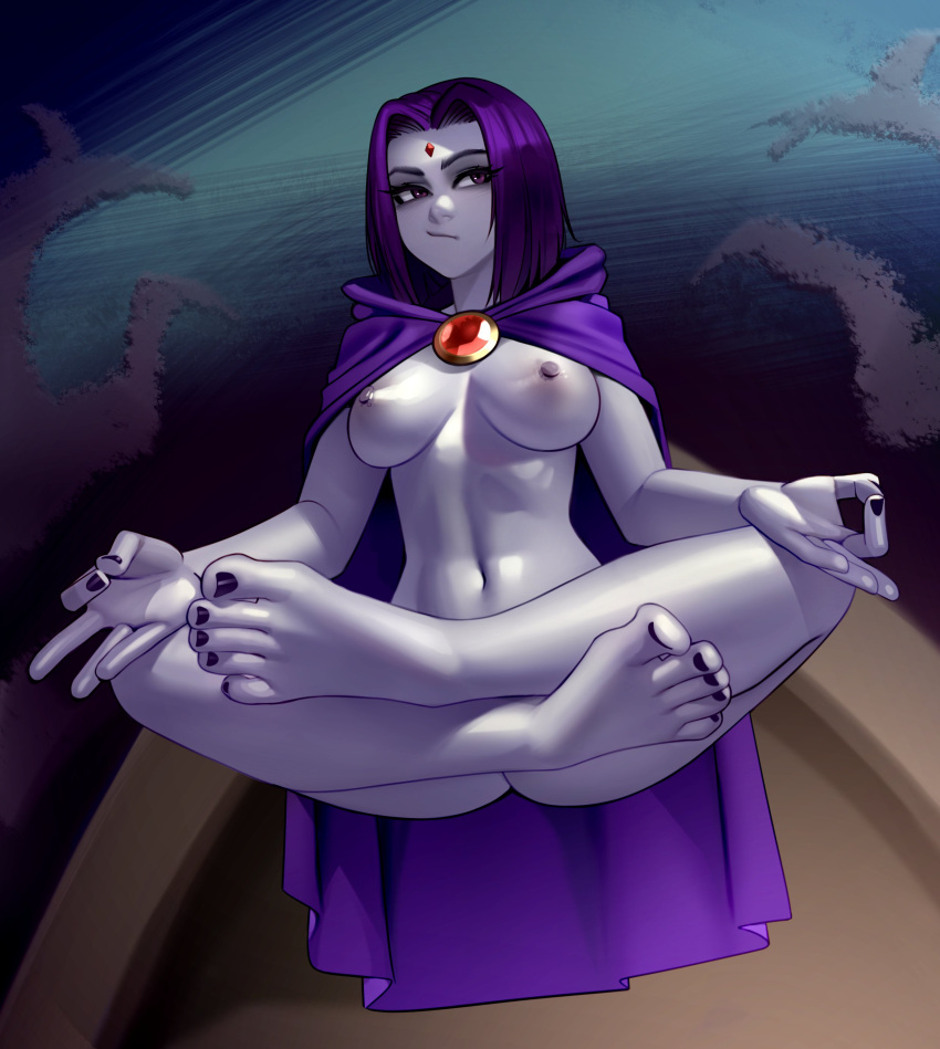 1girl :/ absurdres ass barefoot black_leotard black_nails cloak closed_mouth commission crossed_legs dc_comics english_commentary feet gem highres kairunoburogu leotard long_sleeves looking_at_viewer meditation midair nail_polish nipples nude outdoors purple_cloak purple_eyes raven_(dc) solo teen_titans toenail_polish toenails toes