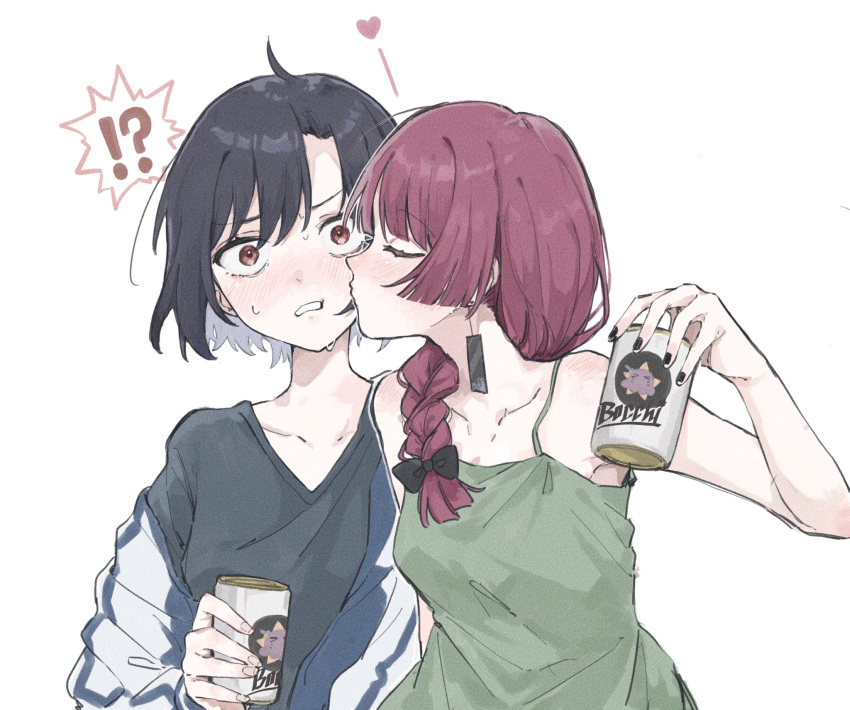 !? 2girls alcohol bare_arms bare_shoulders beer_can black_bow black_hair black_shirt blue_jacket blush bocchi_the_rock! bow braid can closed_eyes commentary_request dress drink_can drunk gotoh_hitori gotoh_hitori_(octopus) green_dress hair_bow hair_over_shoulder heart highres hiroi_kikuri holding holding_can iwashita_shima jacket kiss kissing_cheek long_hair moga_(ponco_gris) multicolored_clothes multicolored_jacket multiple_girls off_shoulder open_clothes open_jacket purple_hair red_eyes shirt short_hair simple_background single_braid two-tone_jacket upper_body white_background white_jacket yuri