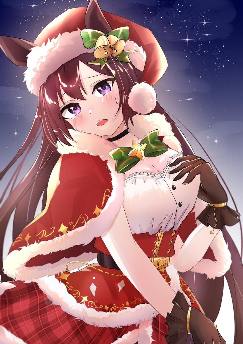 1girl animal_ears bell black_choker black_gloves blush breasts brown_hair capelet choker cleavage dress ear_ornament ears_through_headwear fur-trimmed_capelet fur-trimmed_dress fur-trimmed_headwear fur_trim gloves hand_on_own_chest hat head_tilt highres horse_ears horse_girl long_hair looking_at_viewer medium_breasts mejiro_dober_(holy_night_to_change)_(umamusume) mejiro_dober_(umamusume) official_alternate_costume plaid plaid_skirt purple_eyes red_dress red_headwear red_skirt santa_hat skirt solo star_(sky) umamusume upper_body uru1_san