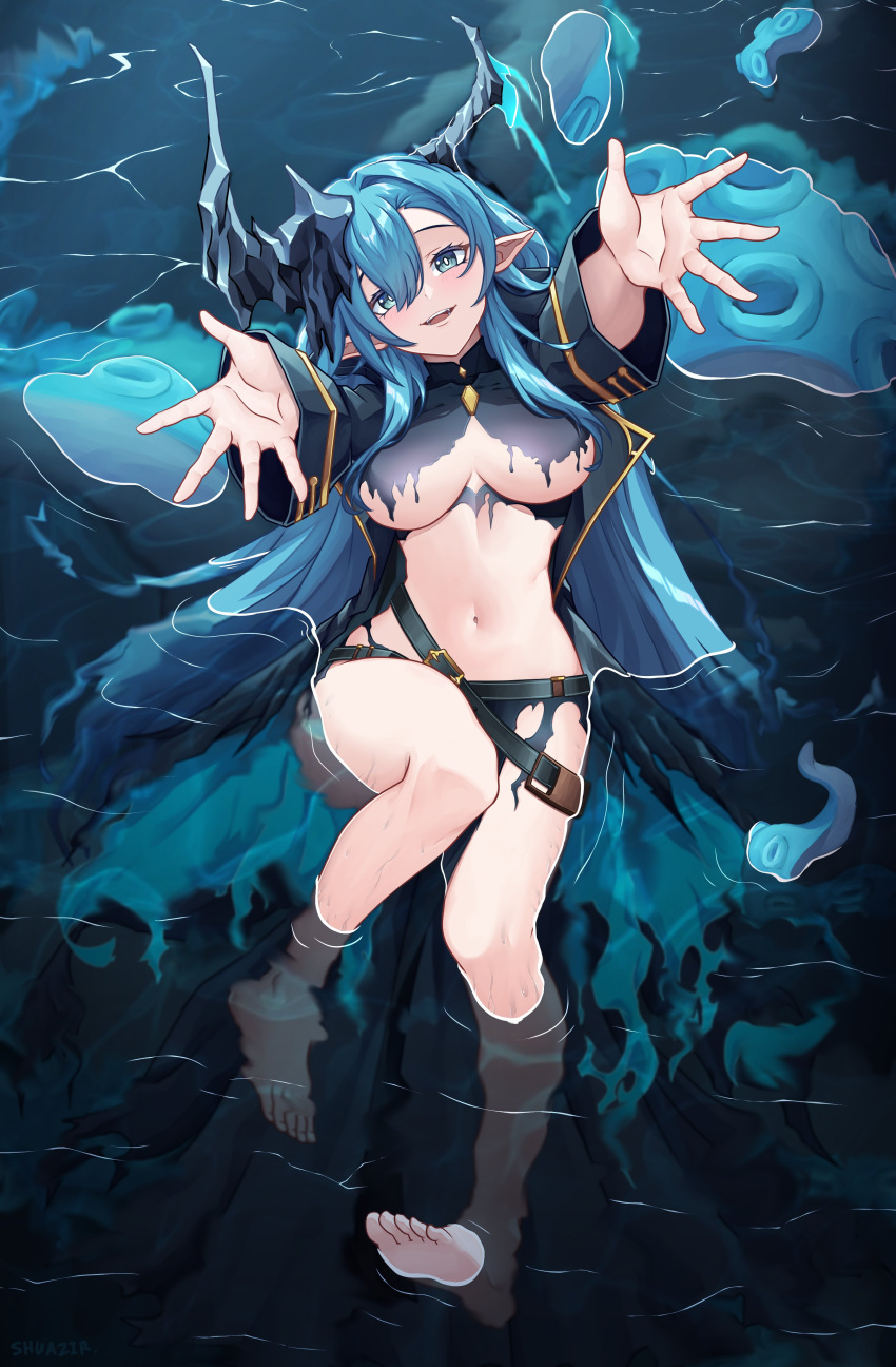 1girl absurdres azur_lane bare_shoulders black_coat blue_eyes blue_hair blue_horns blush breasts coat commission fangs from_above hair_between_eyes highres horns large_breasts long_hair long_sleeves looking_at_viewer mary_celeste_(azur_lane) navel open_mouth partially_submerged pointy_ears reaching reaching_towards_viewer revealing_clothes shuazir smile solo stomach suction_cups tentacles toes torn_clothes torn_coat water