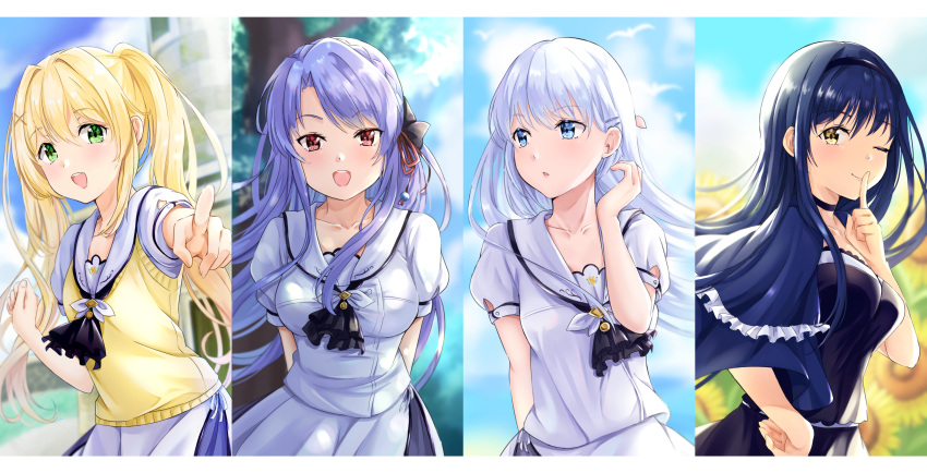 4girls :d ;) absurdres arm_behind_back arms_behind_back ascot black_ascot black_bow black_choker black_hair black_hairband black_shirt blonde_hair blue_capelet blue_eyes blue_hair blunt_ends blurry blurry_background blush border bow breasts capelet choker commentary_request day eyelashes finger_to_mouth floating_hair flower frilled_capelet frills green_eyes hair_between_eyes hair_bow hair_intakes hair_ornament hairband hairclip hand_up highres index_finger_raised kushima_kamome large_breasts long_hair looking_afar looking_at_viewer medium_breasts multiple_girls naruse_shiroha one_eye_closed open_mouth outdoors outstretched_arm parted_lips pointing pointing_at_viewer puffy_short_sleeves puffy_sleeves red_eyes sailor_collar school_uniform shirt short_sleeves shushing sidelocks small_breasts smile sorakado_ao summer_pockets sunflower sweater_vest tassel tassel_hair_ornament teeth tsumugi_wenders twintails upper_body upper_teeth_only white_border white_hair white_sailor_collar white_shirt wind x_hair_ornament yellow_eyes yellow_sweater_vest yumeha_tseru